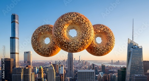 Three Giant Bagels Hovering Over a Modern City Skyline at Sunset.