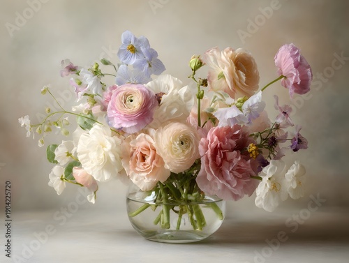 Pastel Floral Arrangement in Glass Vase with Visible Stems Elegant Studio Flower Bouquet on Soft Neutral Background Luxury Wedding Decor Image