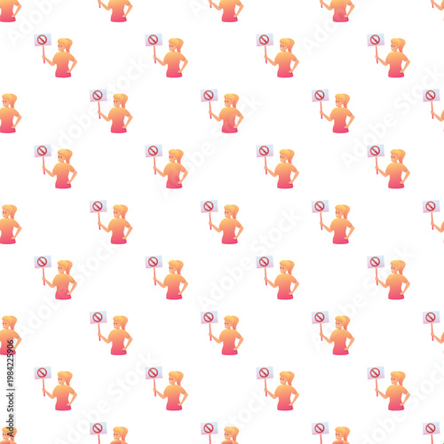 Activist women holding 'no' signs repeat on a white background, forming a seamless pattern