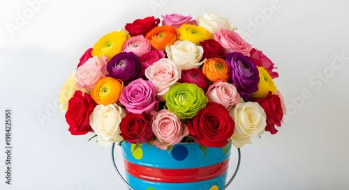 Vibrant Bouquet of Colorful Flowers in a Decorative Blue Bucket, Floral Arrangement.