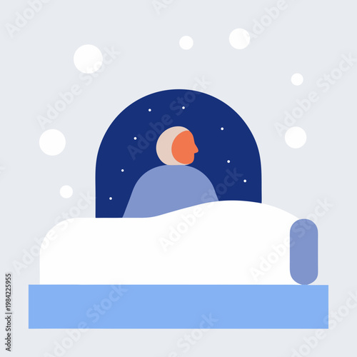 Sleep Night Illustration Person in Bed Moon and Stars Scene