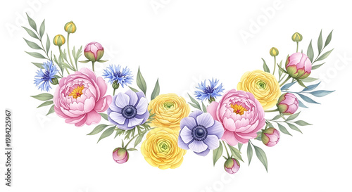 Watercolor Floral Arrangement with Pink Yellow and Blue Flowers.