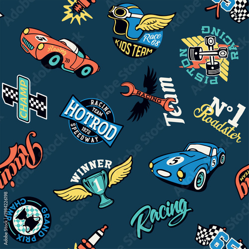 Cartoon racing team badges and elements patchwork wallpaper cute vector seamless pattern for children kid sport wear fabric shirt sweatshirt pajamas