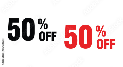 Two sale banners displaying fifty percent off in black and red