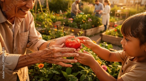 Multigenerational diverse hands sharing freshly harvested heirloom tomato, authentic community connection in a vibrant garden at golden hour