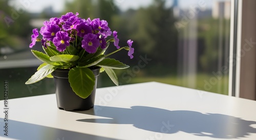 Vibrant Purple African Violet Plant in a Black Pot on a White Table.