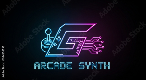 Neon arcade synth logo with joystick and circuit board on black background for gaming and technology concepts
