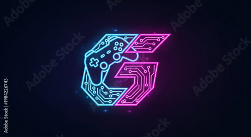 Neon gaming controller circuit board logo with pink and blue lights on dark background