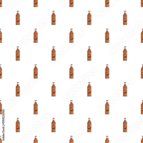 Repeating brown whiskey liqueur bottles on a white background form a seamless texture
