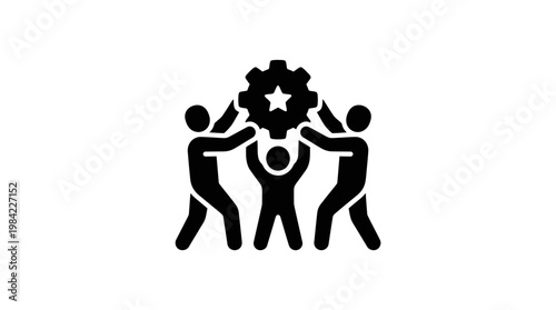 Three people holding a gear together.