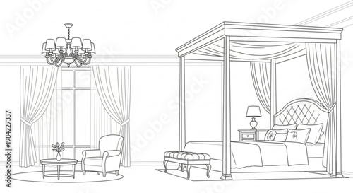 Luxurious bedroom interior with four poster bed sitting area and elegant chandelier