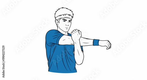 Male athlete in blue shirt and headband stretches arm, focused