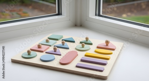 Wooden Shape Puzzle on a White Surface with Window Background.