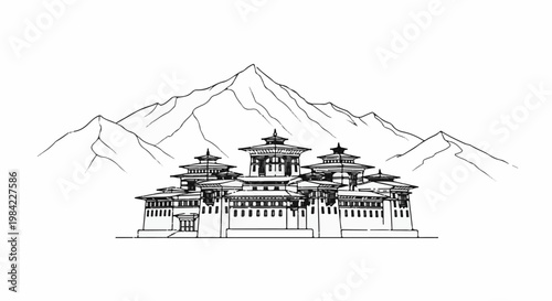 Majestic mountain peaks overlook an intricate, traditional building with multi-tiered roofs