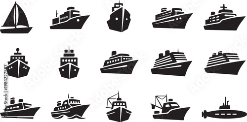 Various Black Silhouette Ship and Boat Icons Collection