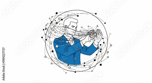 Man in blue suit manipulates abstract network of dots and lines