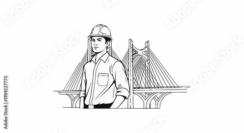 Man in hard hat stands before suspension bridge, black and white line art