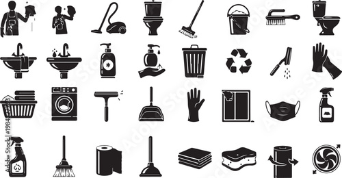 Cleaning Supplies and Household Chores Icons Set