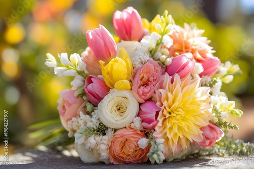 Vibrant Spring Flower Bouquet with Tulips Dahlias and Roses in Natural Sunlight Outdoor Floral Arrangement with Soft Background and Shallow Depth of Field