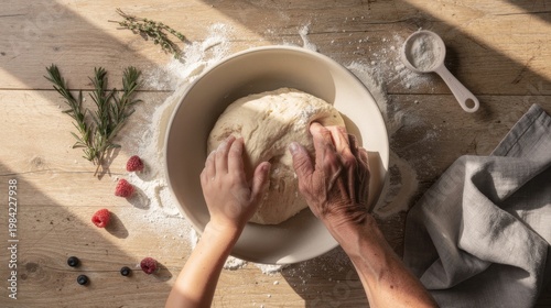 Authentic Multigenerational Hands Kneading Sourdough Dough in Rustic Kitchen, Candid Family Connection and Trust