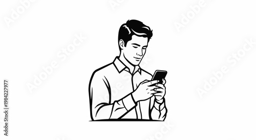 Man in shirt uses smartphone, looking down