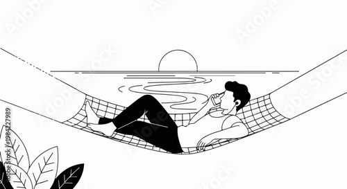 Man in hammock on beach, talking on phone with sunset over ocean