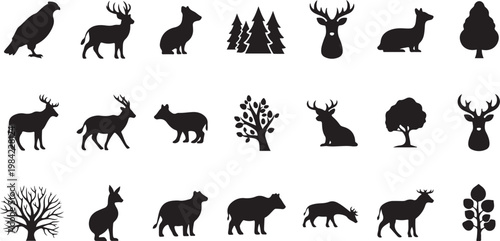 Black silhouettes of animals and trees on white