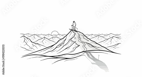 Lone skier stands atop a mountain peak, ready to descend amidst snowy ranges