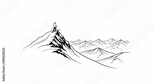 Lone skier stands atop a snowy peak overlooking a majestic mountain range