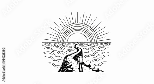 Lone traveler with backpack journeys on rocky path toward sun