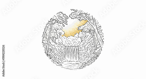 Lush forest scene with a cascading waterfall and sunbeams breaking through the canopy