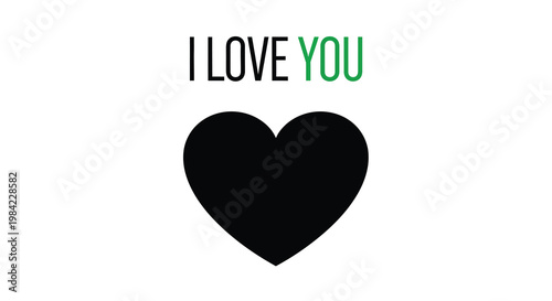 A black heart shape with the text i love you in green and black