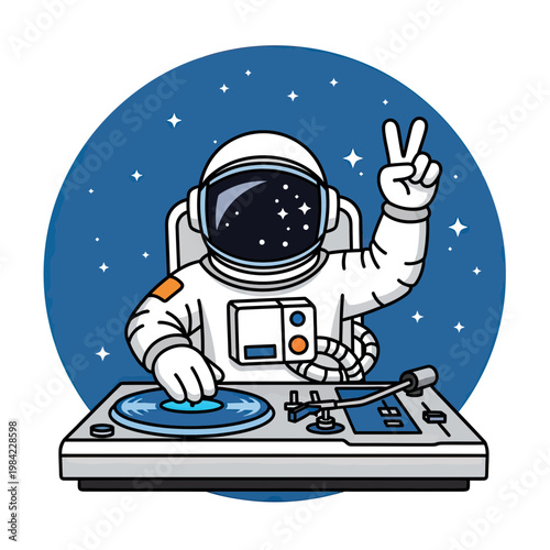 Cool Astronaut DJ Playing Music on Vinyl Turntable in Outer Space, Creative Vector Illustration of Spaceman with Peace Sign Gesture