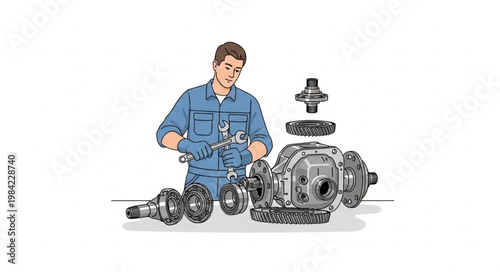 Mechanic Assembling Automotive Differential Gearbox Components.
