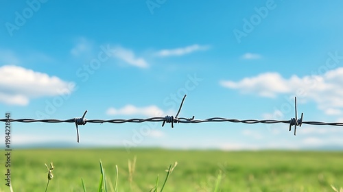 Barbed wire fence on green field and blue sky background steel metal fence wire safety and protection concept