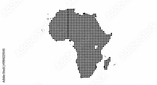 Silhouette of the African continent created with a uniform black halftone dot pattern. Minimalist vector graphic of Africa map isolated on a solid white background.