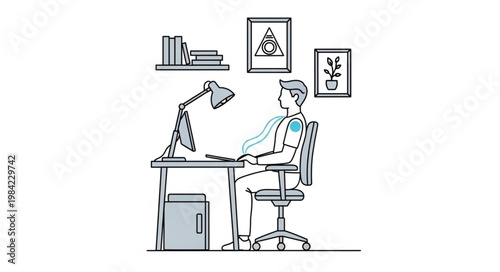 Man sitting at desk working on computer illustration.