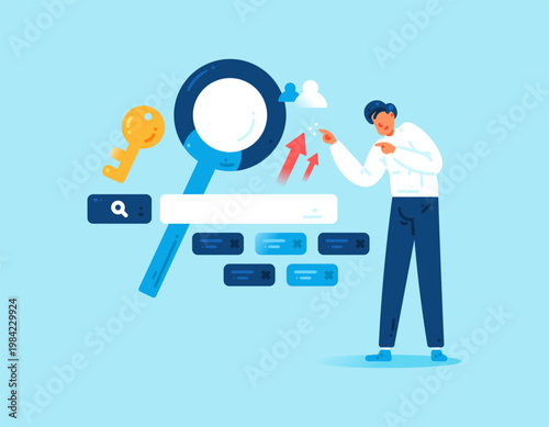 Keyword optimization concept. Illustration of a man with a search bar. SEO strategy, Search Engine Optimization, and business data analysis. Optimizing keyword usage to attract an audience and grow 