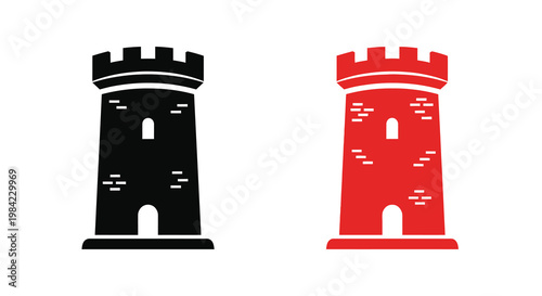 Two stylized castle towers are shown in contrasting colors
