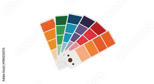 Fanned color palette swatch guide with multiple cards showing shades of orange, green, blue, purple, and red, isolated on white background for graphic design and printing use.