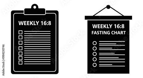 Weekly 16:8 fasting schedule and checklist comparison on clipboards Vector, illustration