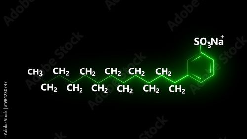 Fotografía Glowing organic chemical structure featuring a long molecular chain connected to a benzene ring on a dark background