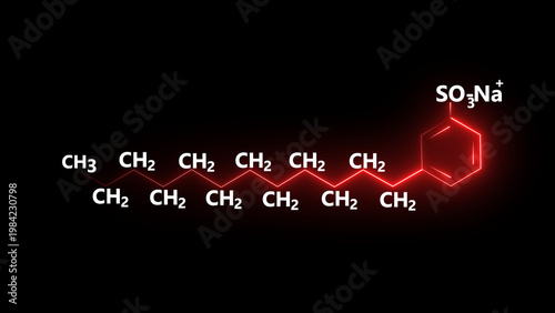 Fotografie Glowing organic chemical structure featuring a long molecular chain connected to a benzene ring on a dark background