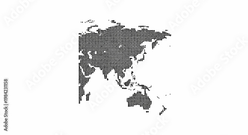 Minimalist black halftone dotted map silhouette of the Asian continent, Australia, and Oceania isolated on a white background. Factual geographic illustration for infographics.