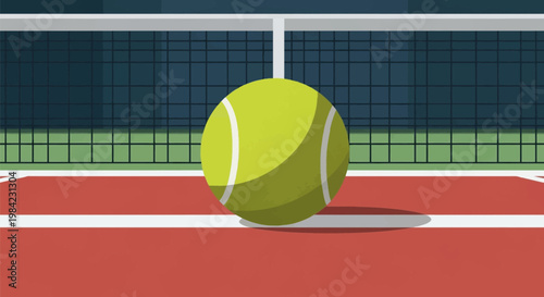 Detailed vector illustration of a yellow tennis ball resting on a red clay tennis court surface, positioned in front of a black net with white boundary lines and shadow.