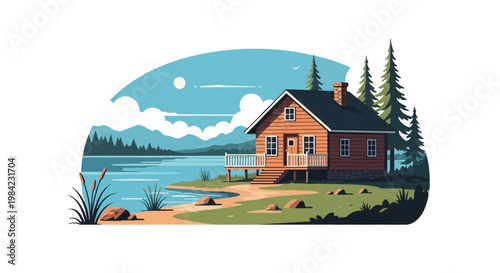 Flat vector illustration of a rustic wooden vacation cabin situated on a grassy lakeshore featuring a porch, chimney, mountain range background, pine trees, and blue sky with clouds.