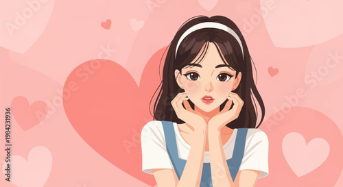 Vector style anime illustration of a young woman with dark hair and white headband framing her face with hands, set against a pastel pink background featuring soft heart icons.