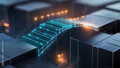 Futuristic Digital Bridge Over Water with Glowing Neon Data Lines
