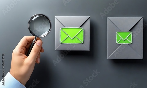 Hand Holding Magnifying Glass Over Email Envelope with Green Shield Security Icon