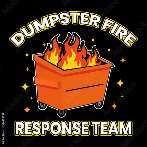 Vibrant illustration of a dumpster fire with response team text